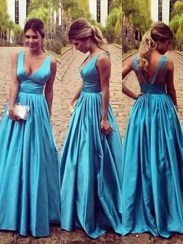 A-Line/Elegant Sleeveless V-neck Elastic Woven Satin Ruched Floor-Length Prom Dresses