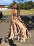 A-Line/Elegant Sleeveless V-neck Floor-Length Ruffles Satin Prom Dresses