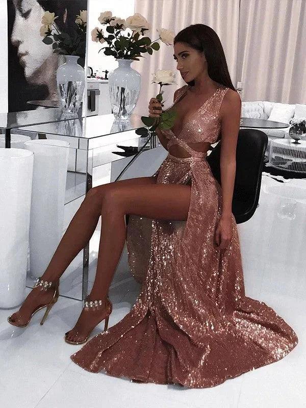 A-Line/Elegant Sleeveless V-neck Floor-Length Ruffles Sequins Prom Dresses
