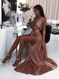 A-Line/Elegant Sleeveless V-neck Floor-Length Ruffles Sequins Prom Dresses