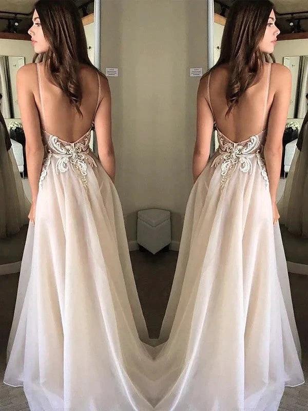 A-Line/Elegant Spaghetti Straps Sleeveless Applique Chiffon Prom Dresses