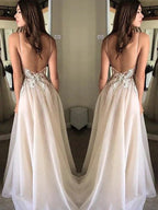 A-Line/Elegant Spaghetti Straps Sleeveless Applique Chiffon Prom Dresses