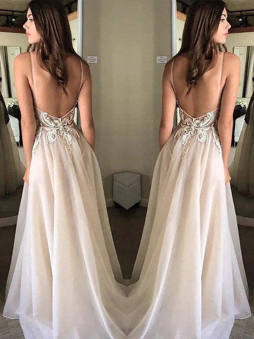 A-Line/Elegant Spaghetti Straps Sleeveless Applique Chiffon Prom Dresses