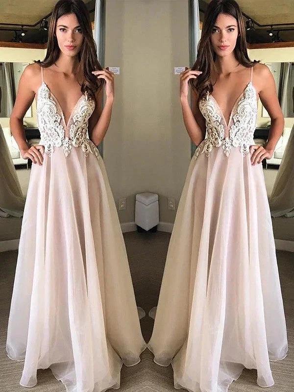 A-Line/Elegant Spaghetti Straps Sleeveless Applique Chiffon Prom Dresses