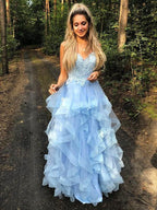 A-Line/Elegant Spaghetti Straps Sleeveless Applique Organza Floor-Length Prom Dresses