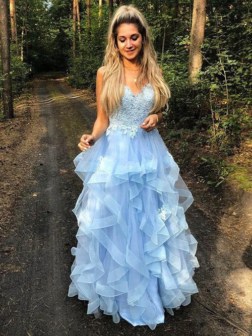 A-Line/Elegant Spaghetti Straps Sleeveless Applique Organza Floor-Length Prom Dresses