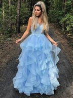A-Line/Elegant Spaghetti Straps Sleeveless Applique Organza Floor-Length Prom Dresses