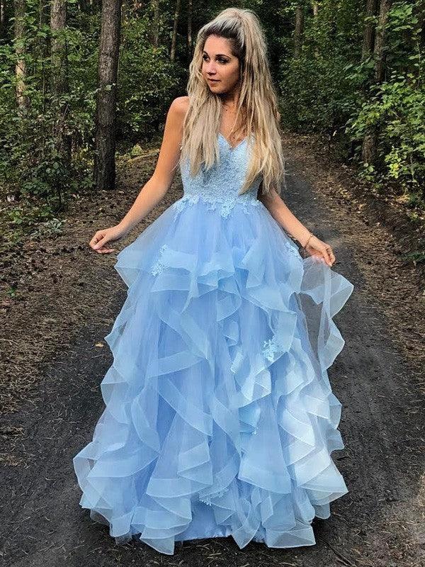 A-Line/Elegant Spaghetti Straps Sleeveless Applique Organza Floor-Length Prom Dresses