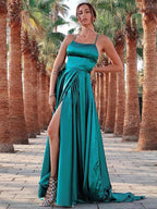 A-Line/Elegant Straps Sleeveless Ruffles Silk like Satin Prom Dresses