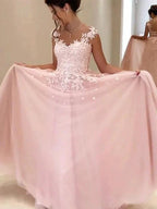 A-Line/Elegant Sweetheart Sleeveless Floor-Length Applique Tulle Prom Dresses