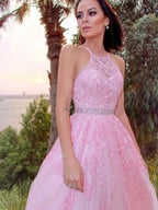 A-Line/Elegant Tulle Applique Halter Sleeveless Floor-Length Prom Dresses