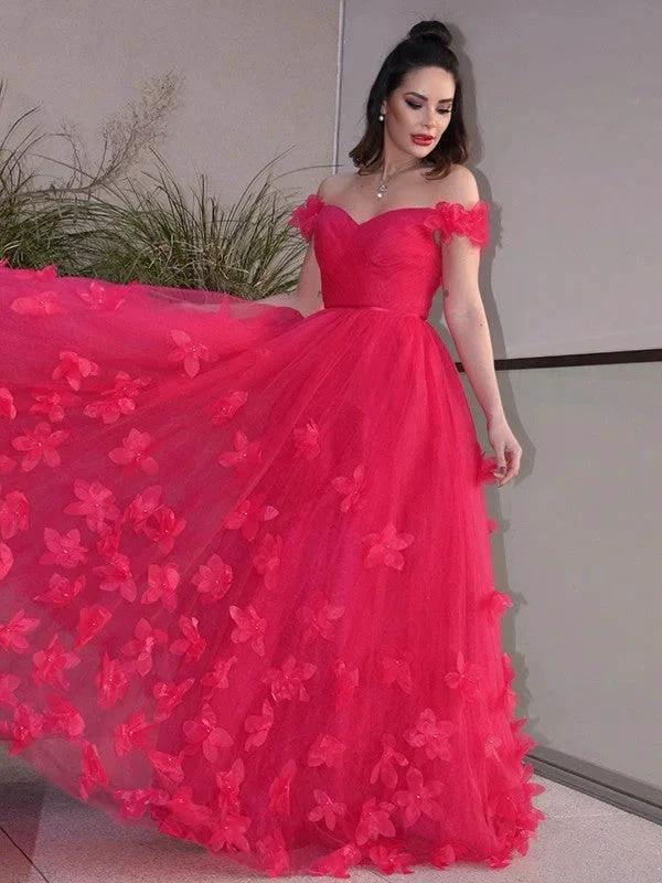 A-Line/Elegant Tulle Hand-Made Flower Off-the-Shoulder Sleeveless Floor-Length Prom Dresses