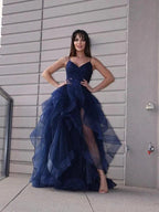 A-Line/Elegant Tulle Layers V-neck Sleeveless Floor-Length Prom Dresses