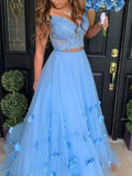 A-Line/Elegant Tulle Off-the-Shoulder Applique Sleeveless Floor-Length Prom Dresses