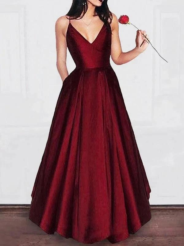 A-Line/Elegant V-neck Floor-Length Ruffles Satin Prom Dresses