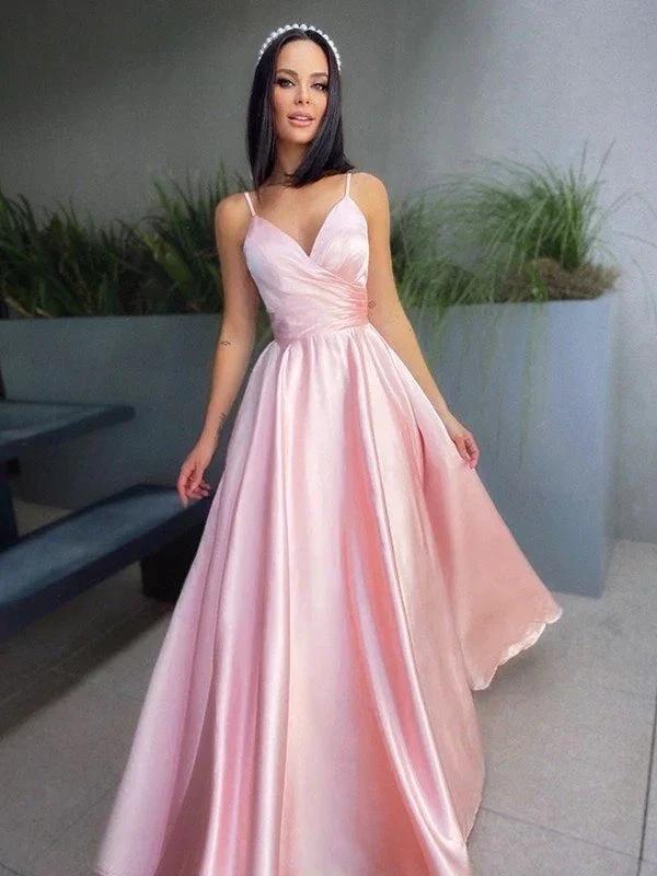 A-Line/Elegant V-neck Satin Ruched Sleeveless Floor-Length Prom Dresses