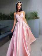 A-Line/Elegant V-neck Satin Ruched Sleeveless Floor-Length Prom Dresses
