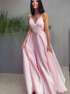 A-Line/Elegant V-neck Satin Ruched Sleeveless Floor-Length Prom Dresses