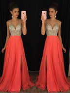 A-Line/Elegant V-neck Sleeveless Beading Floor-Length Chiffon Prom Dresses