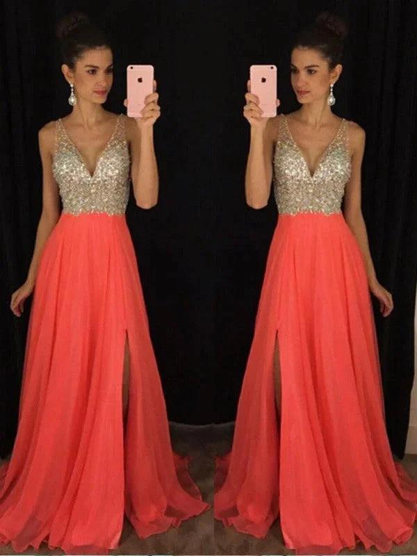 A-Line/Elegant V-neck Sleeveless Beading Floor-Length Chiffon Prom Dresses