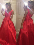 A-Line/Elegant V-Neck Sleeveless Satin Prom Dresses