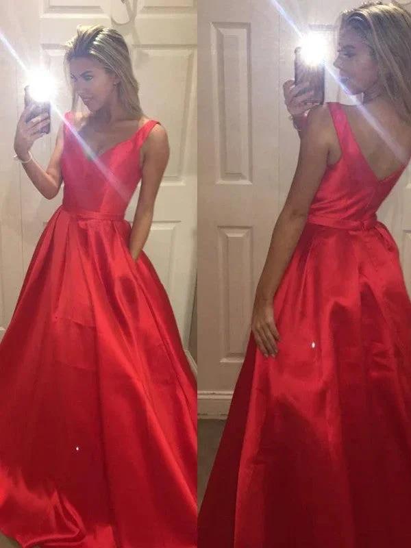 A-Line/Elegant V-Neck Sleeveless Satin Prom Dresses