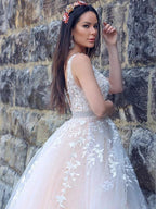 A-Line/Princess Applique Tulle Sleeveless V-neck Sweep Train Dresses WD537
