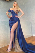 Regal Sapphire One Shoulder Prom Dress with Rhinestones and Side Slit