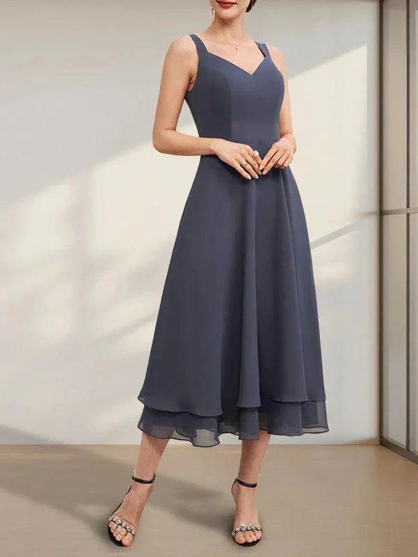 A-line V-Neck Tea-Length Chiffon Mother of the Bride Dress