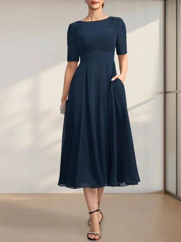 A-line Scoop Tea-Length Chiffon Mother of the Bride Dress With Appliques Lace Sequins
