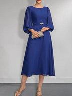 A-line Scoop Tea-Length Chiffon Mother of the Bride Dress With Crystal Brooch Pleated