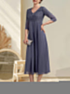 A-line V-Neck Tea-Length Chiffon Lace Mother of the Bride Dress With Beading