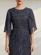 Sheath/Column Scoop Tea-Length Lace Chiffon Mother of the Bride Dress