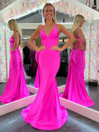 Angela |Mermaid Pink V Neck Backless Satin Long Prom Dress