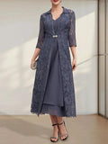 A-line V-Neck Tea-Length Chiffon Mother of the Bride Dress