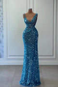 Off The Shoulder Sleeveless Mermaid Long Prom Gown with Sequins