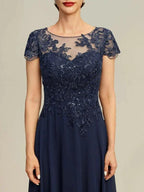 A-line Illusion Scoop Tea-Length Lace Chiffon Mother of the Bride Dress With Sequins