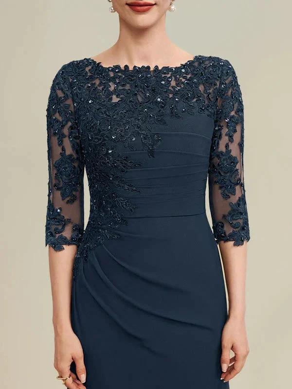 A-line Scoop Floor-Length Chiffon Lace Mother of the Bride Dress With Beading Pleated Sequins