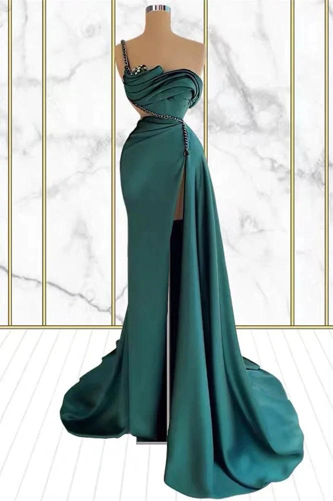 One Shoulder Emerald Rhinestone Mermaid Prom Dress With Split
