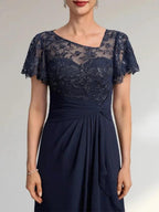 A-line Asymmetrical Illusion Floor-Length Lace Chiffon Mother of the Bride Dress With Cascading Ruffles Sequins