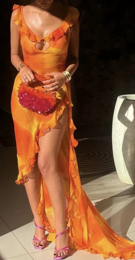 Unique Chiffon Ruffles Slit Long Prom Dress Party Evening Dress Y7497