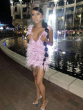 Deep V Neck Pink Party Dress Pink Short Homecoming Dress Y1876