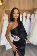 One Shoulder Long Sleeve Black Satin Evening Gown with Elegant Pleated Slit