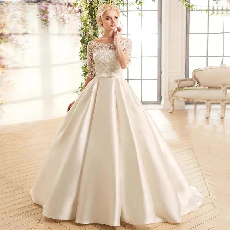Elegant Lace Wedding Dresses For Women Half Sleevess Bride With Belt Bow Vestidos  De Novia Boda Suknia Ślubna Robe Mariée