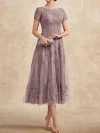 A-line Scoop Tea-Length Tulle Lace Mother of the Bride Dress