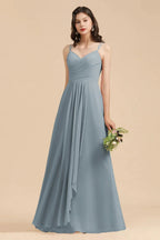 Affordable V-Neck Ruffle Dusty Blue Chiffon Bridesmaid Dresses