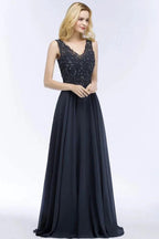 Aline Chiffon Appliques Evening Maxi Gown Crystals Sleeveless Party Dress