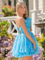 Blue A-Line Strapless Pleated Short Tiered Homecoming Dress