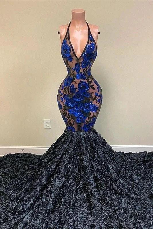 Amazing Black Appliques V-neck Halter Sleeveless Floor-length Mermaid Prom Dresses