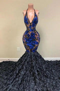 Amazing Black Appliques V-neck Halter Sleeveless Floor-length Mermaid Prom Dresses
